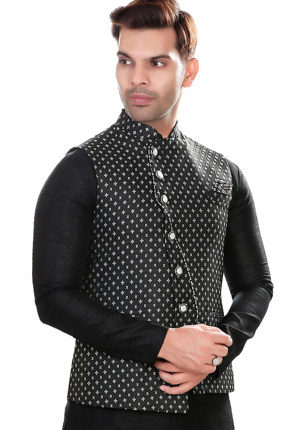 Woven Art Silk Jacquard Asymmetric Nehru Jacket in Black