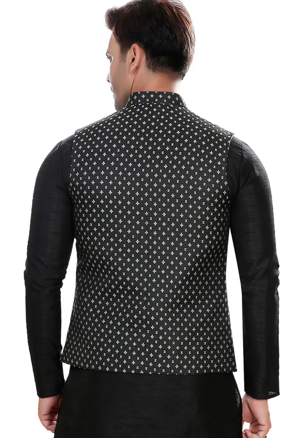 Woven Art Silk Jacquard Asymmetric Nehru Jacket in Black