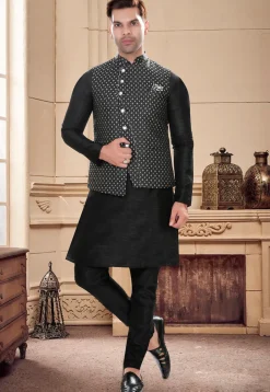 Woven Art Silk Jacquard Asymmetric Nehru Jacket in Black
