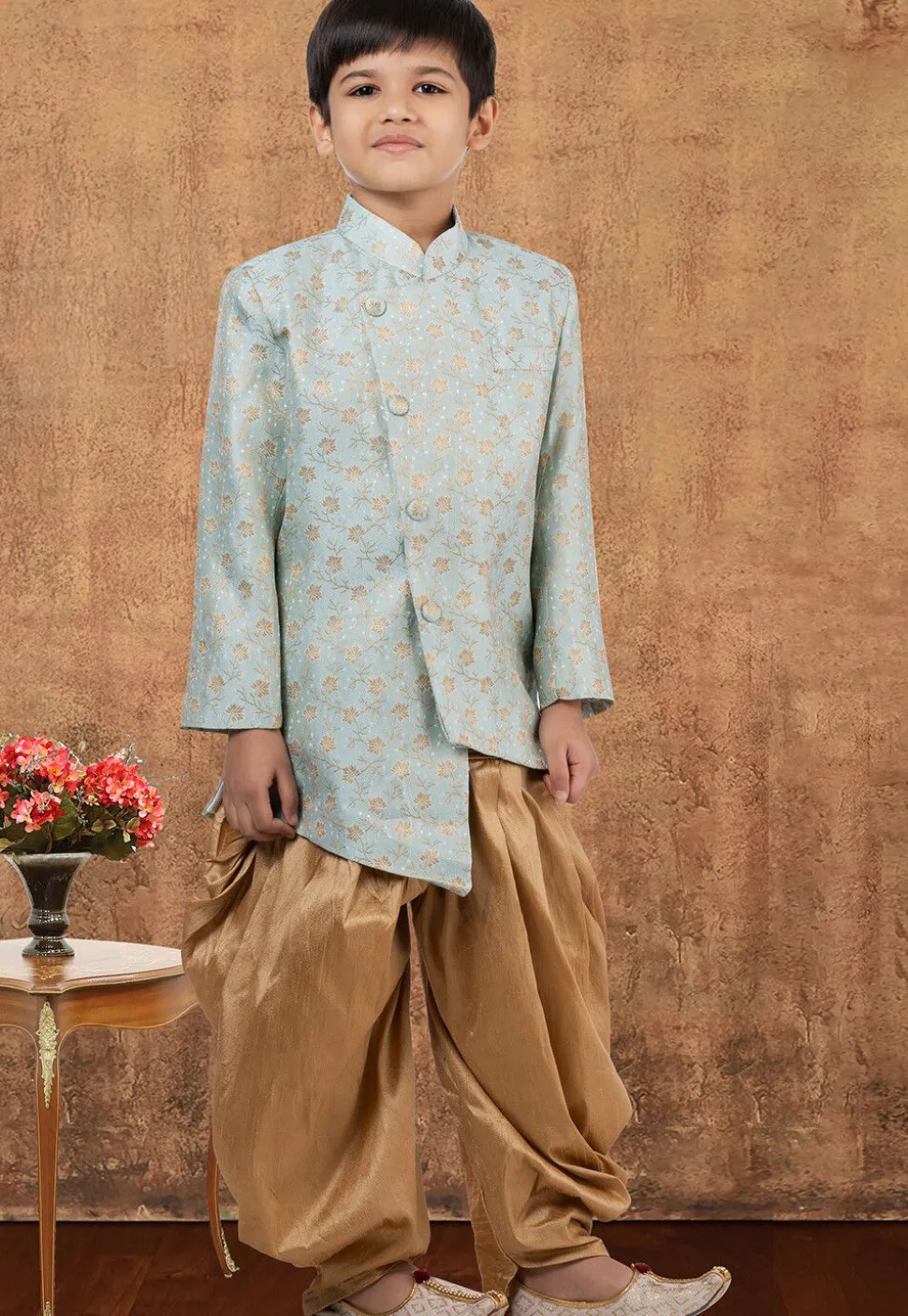 Woven Art Silk Jacquard Asymmetric Dhoti Kurta in Sky Blue