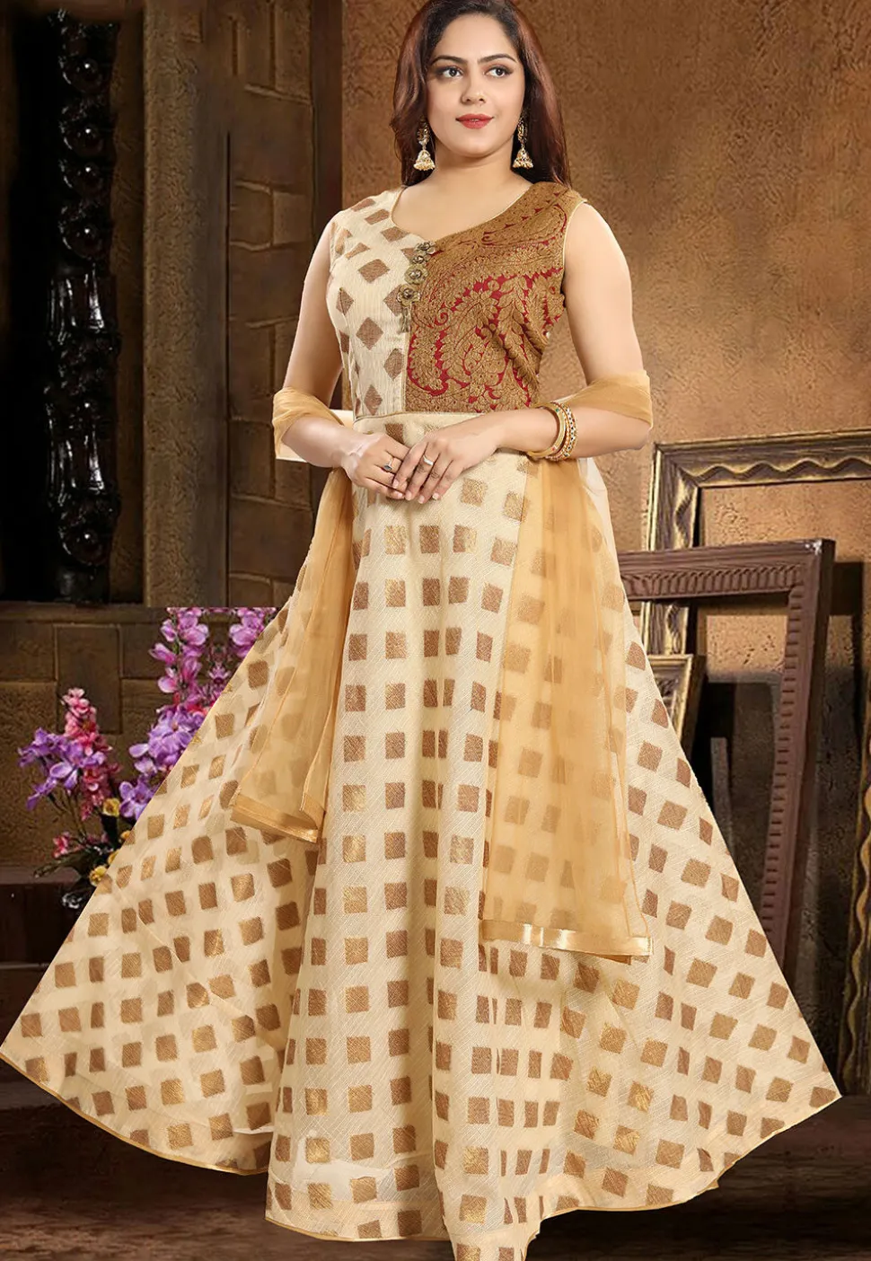 Woven Art Silk Jacquard Abaya Style Suit in Light Beige