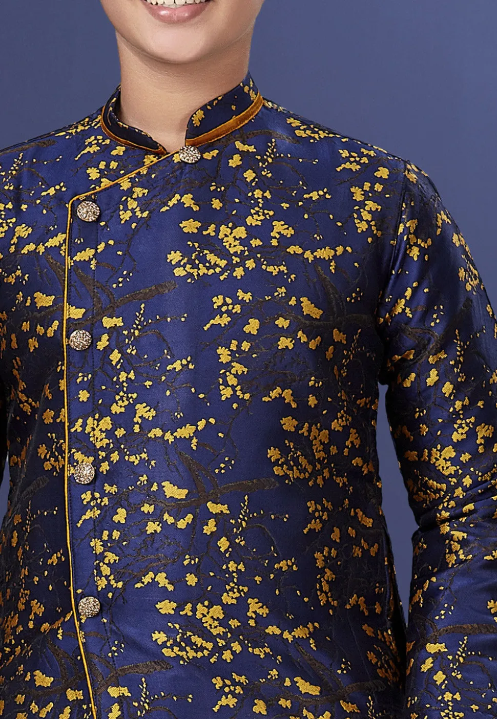 Woven Art Silk Jacquard Asymmetric Dhoti Sherwani in Navy Blue