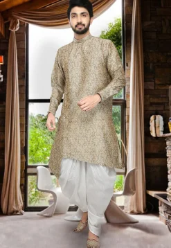 Woven Art Silk Jacquard Asymmetric Dhoti Kurta in Beige