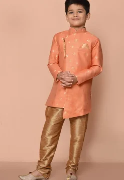 Woven Art Silk Jacquard Asymmetric Kurta Set in Peach