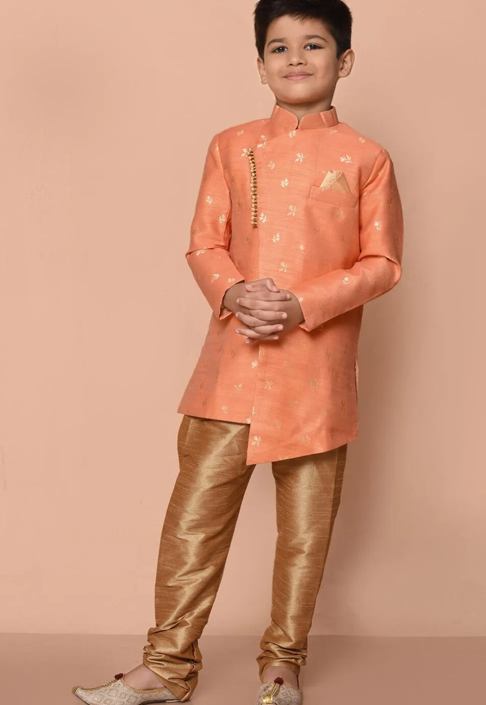 Woven Art Silk Jacquard Asymmetric Kurta Set in Peach