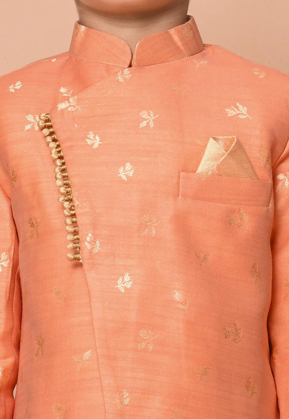 Woven Art Silk Jacquard Asymmetric Kurta Set in Peach