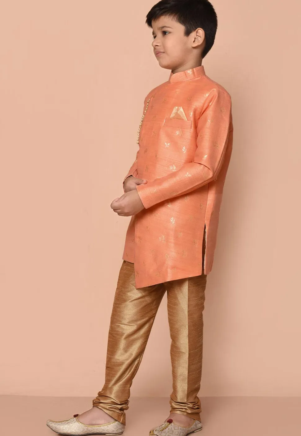 Woven Art Silk Jacquard Asymmetric Kurta Set in Peach
