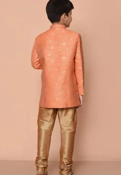 Woven Art Silk Jacquard Asymmetric Kurta Set in Peach