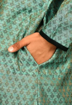 Woven Art Silk Jacquard Asymmetric Sherwani Set in Light Teal Green