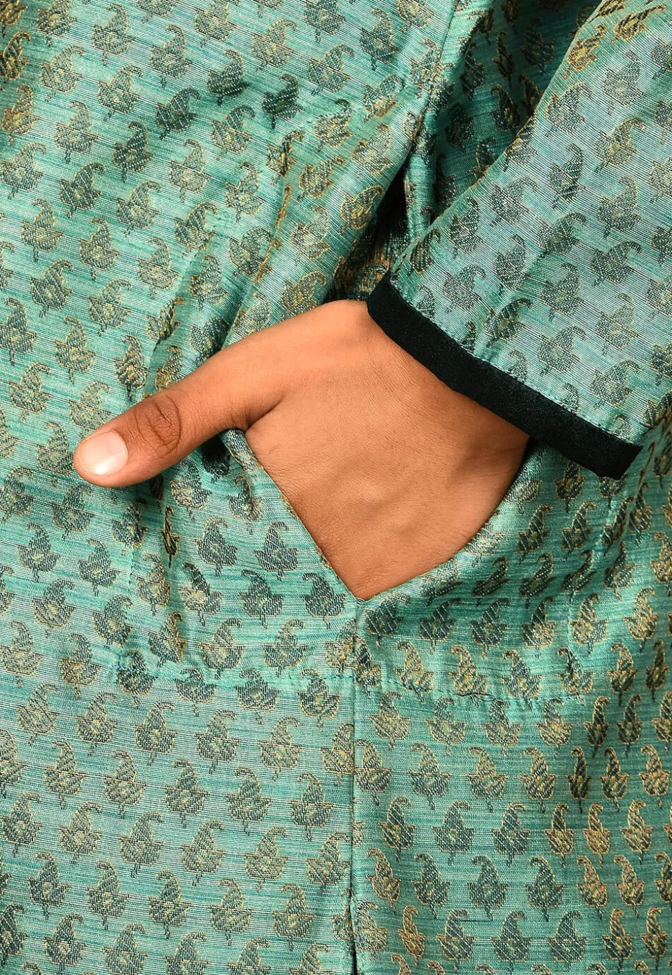 Woven Art Silk Jacquard Asymmetric Sherwani Set in Light Teal Green