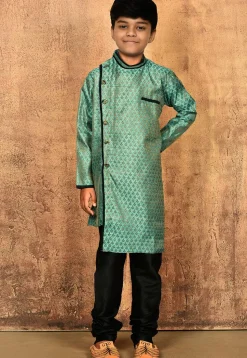 Woven Art Silk Jacquard Asymmetric Sherwani Set in Light Teal Green