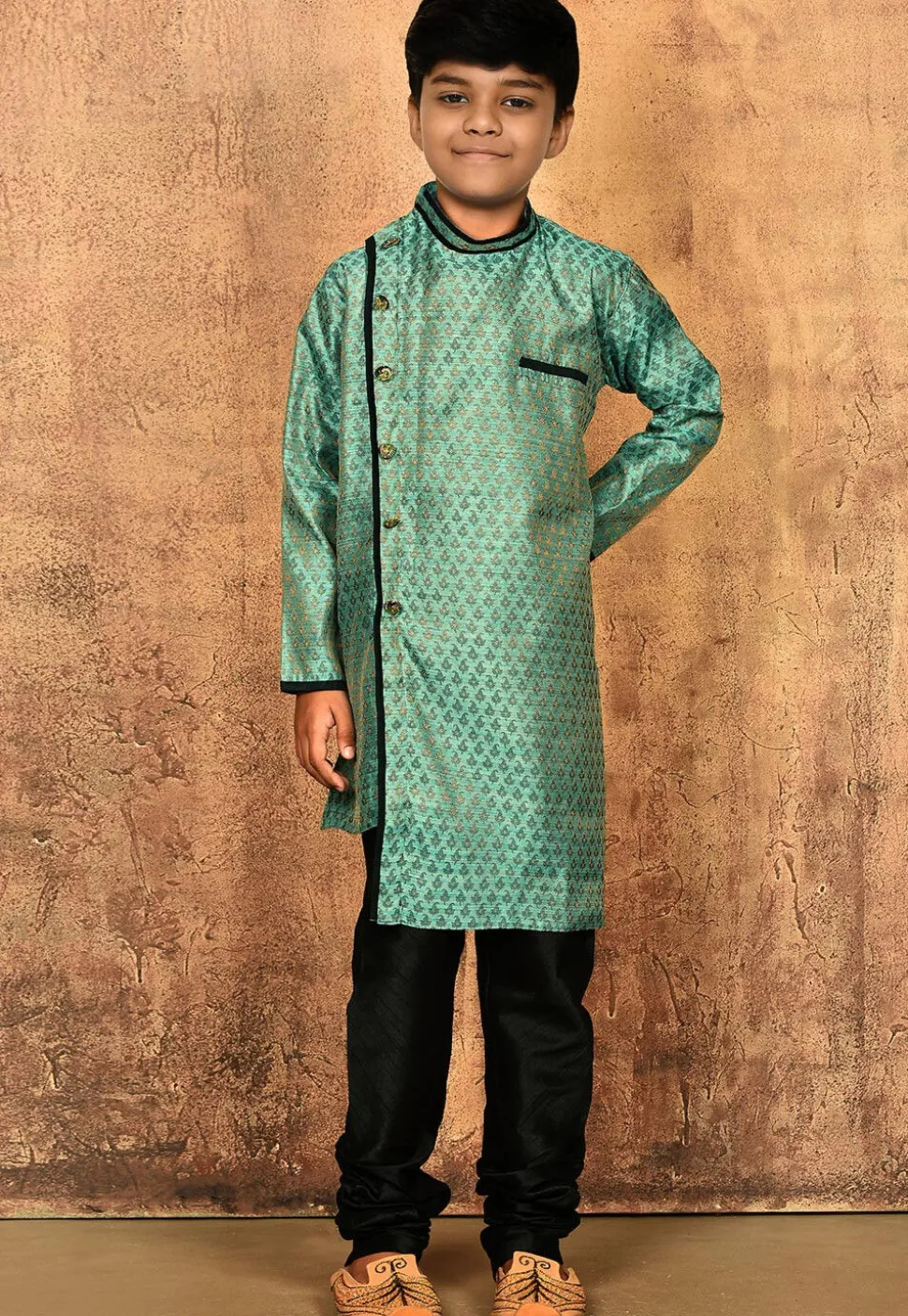 Woven Art Silk Jacquard Asymmetric Sherwani Set in Light Teal Green