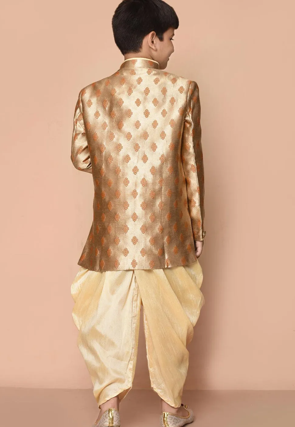Woven Art Silk Jacquard Asymmetric Kurta Dhoti in Beige