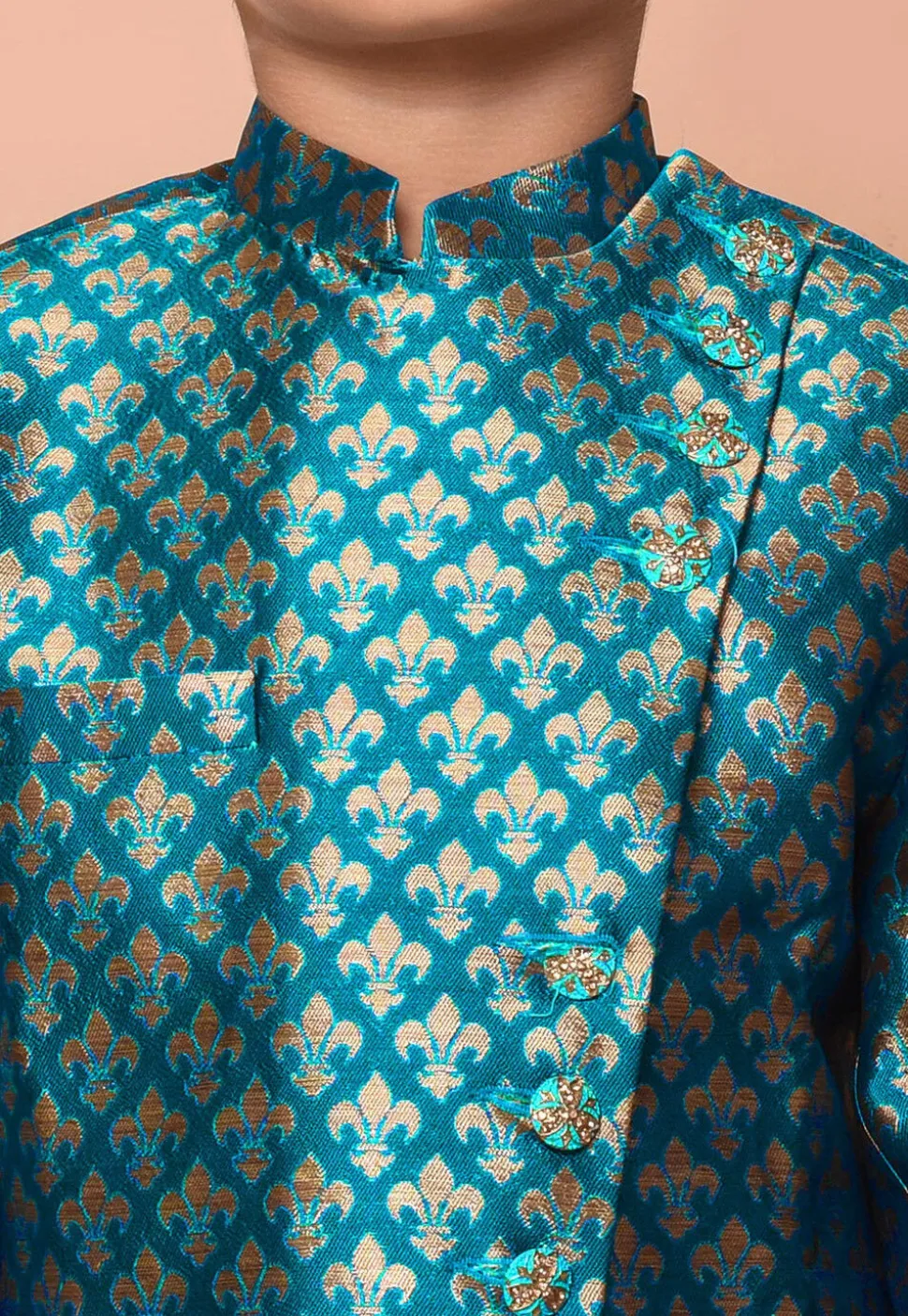 Woven Art Silk Jacquard Asymmetric Kurta Set in Teal Blue