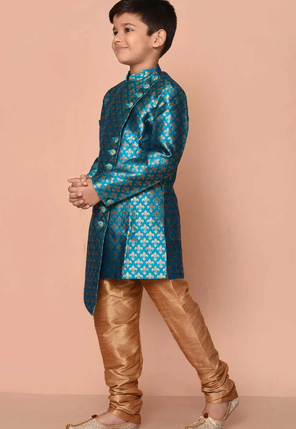 Woven Art Silk Jacquard Asymmetric Kurta Set in Teal Blue