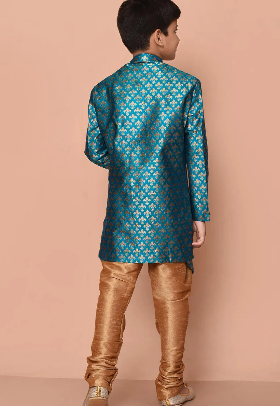 Woven Art Silk Jacquard Asymmetric Kurta Set in Teal Blue