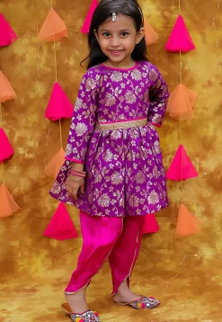 Woven Art Silk Jacquard A Line Kurta Set in Purple