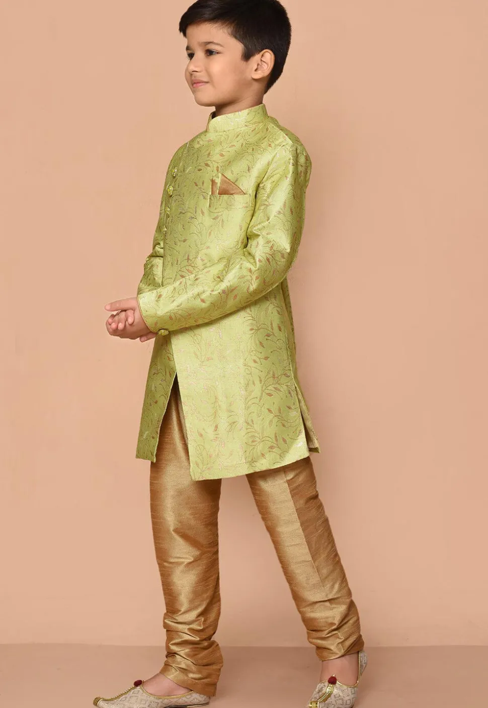 Woven Art Silk Jacquard Asymmetric Kurta Set in Light Green