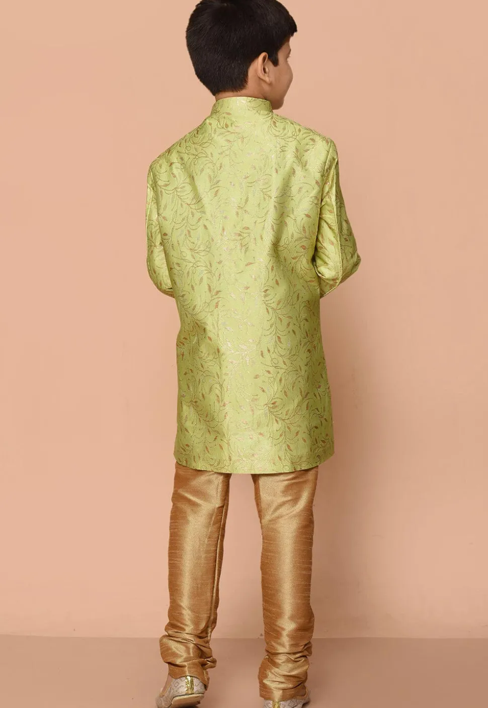 Woven Art Silk Jacquard Asymmetric Kurta Set in Light Green