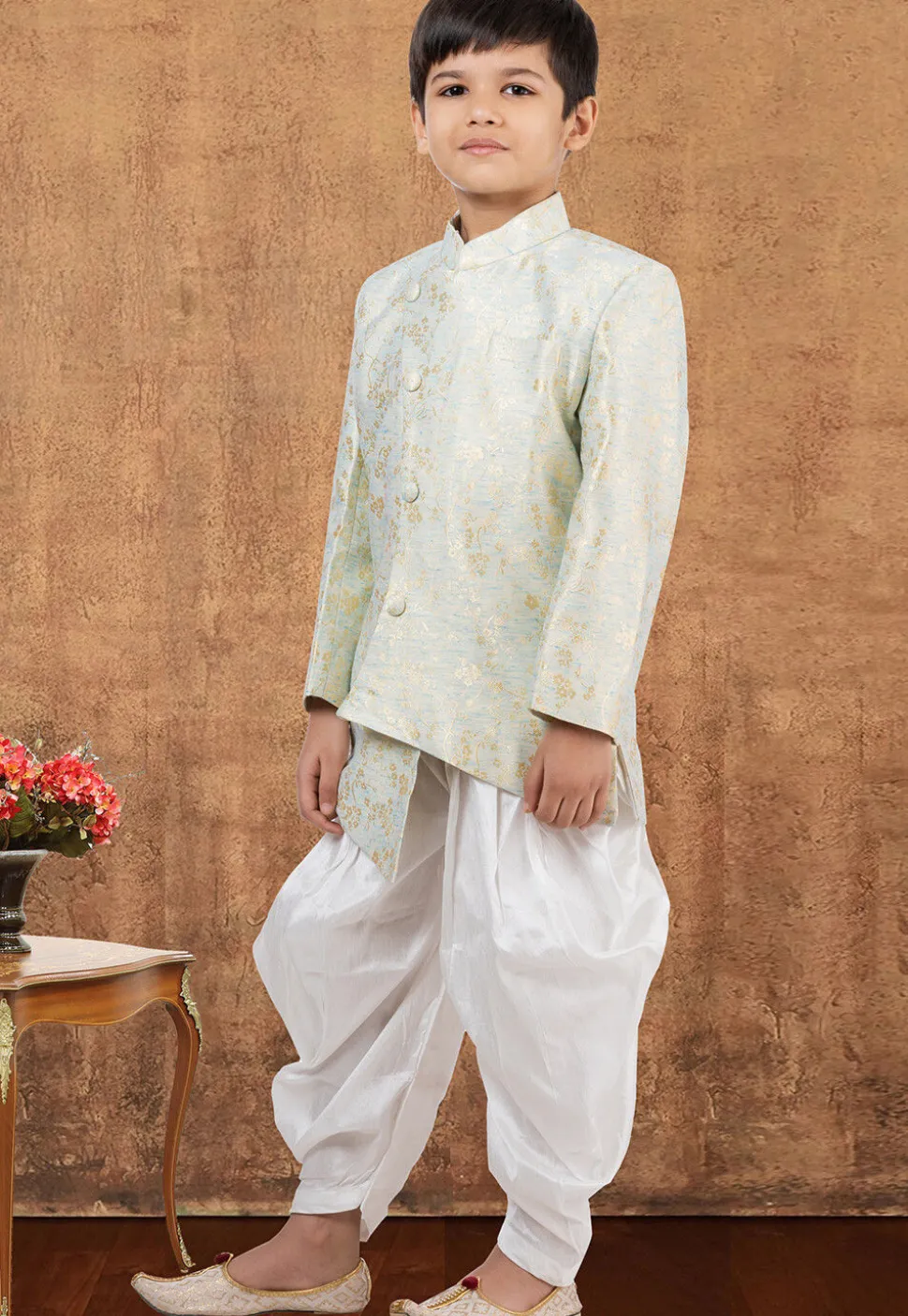 Woven Art Silk Jacquard Asymmetric Dhoti Kurta in Sky Blue