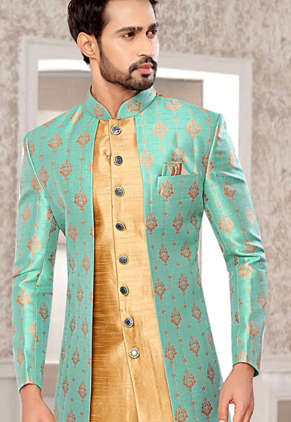Woven Art Silk Jacquard Asymmetric Sherwani in Beige and Sky Blue