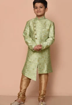 Woven Art Silk Jacquard Asymmetric Kurta Set in Light Green