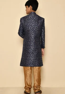 Woven Art Silk Jacquard Asymmetric Sherwani in Navy Blue