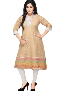 Woven Art Silk Jacquard Anarkali Kurta in Beige