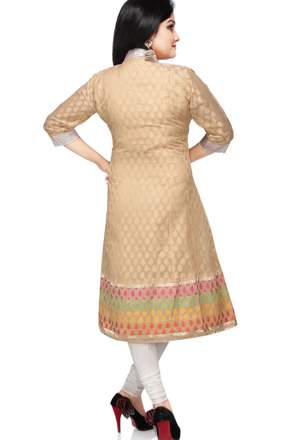 Woven Art Silk Jacquard Anarkali Kurta in Beige