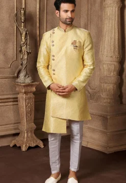Woven Art Silk Jacquard Asymmetric Sherwani in Yellow