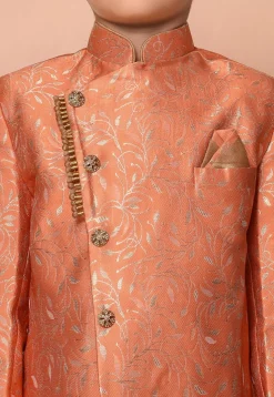 Woven Art Silk Jacquard Asymmetric Kurta Set in Orange