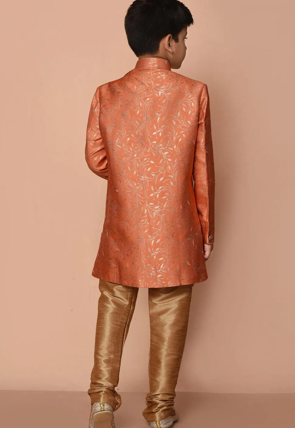 Woven Art Silk Jacquard Asymmetric Kurta Set in Orange