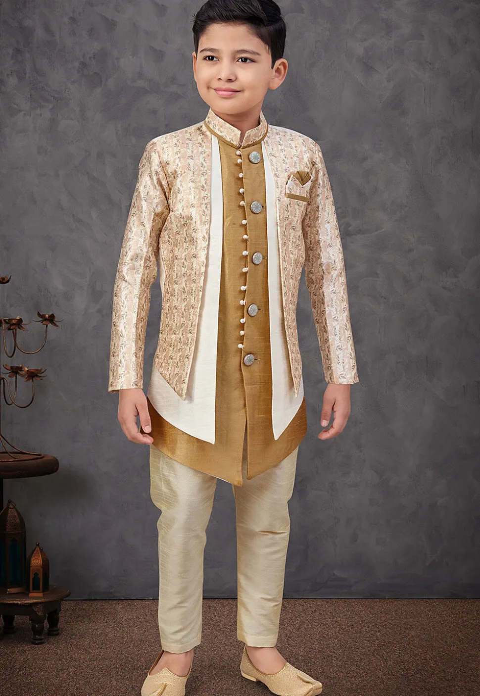 Woven Art Silk Jacquard and Art Silk Sherwani in Beige