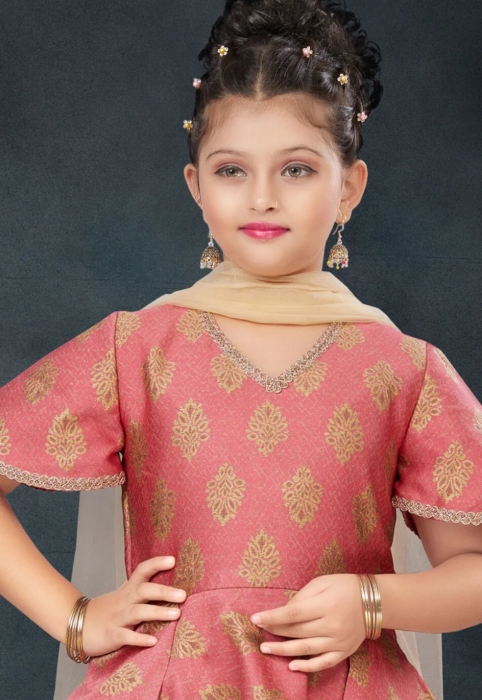 Woven Art Silk Jacquard A Line Suit in Pink