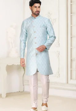 Woven Art Silk Jacquard Asymmetric Sherwani in Sky Blue