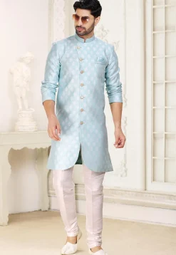 Woven Art Silk Jacquard Asymmetric Sherwani in Sky Blue