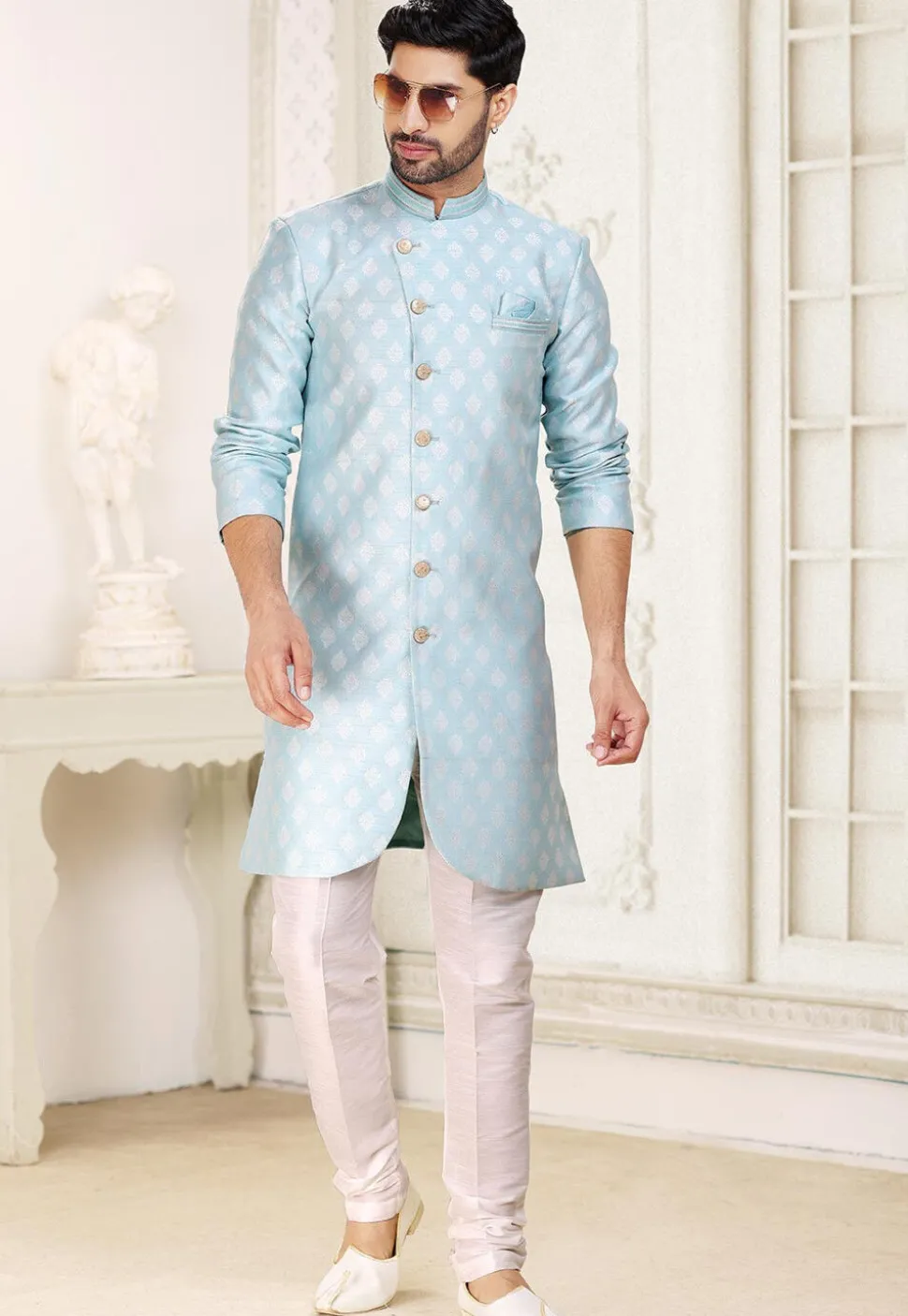Woven Art Silk Jacquard Asymmetric Sherwani in Sky Blue