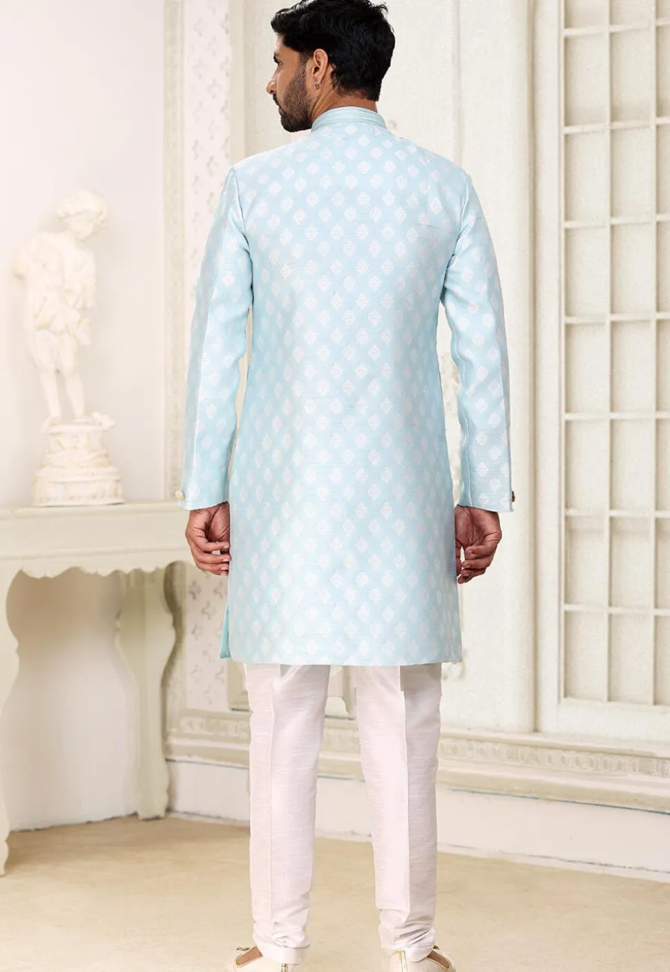 Woven Art Silk Jacquard Asymmetric Sherwani in Sky Blue