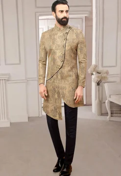 Woven Art Silk Jacquard Asymmetric Sherwani in Beige