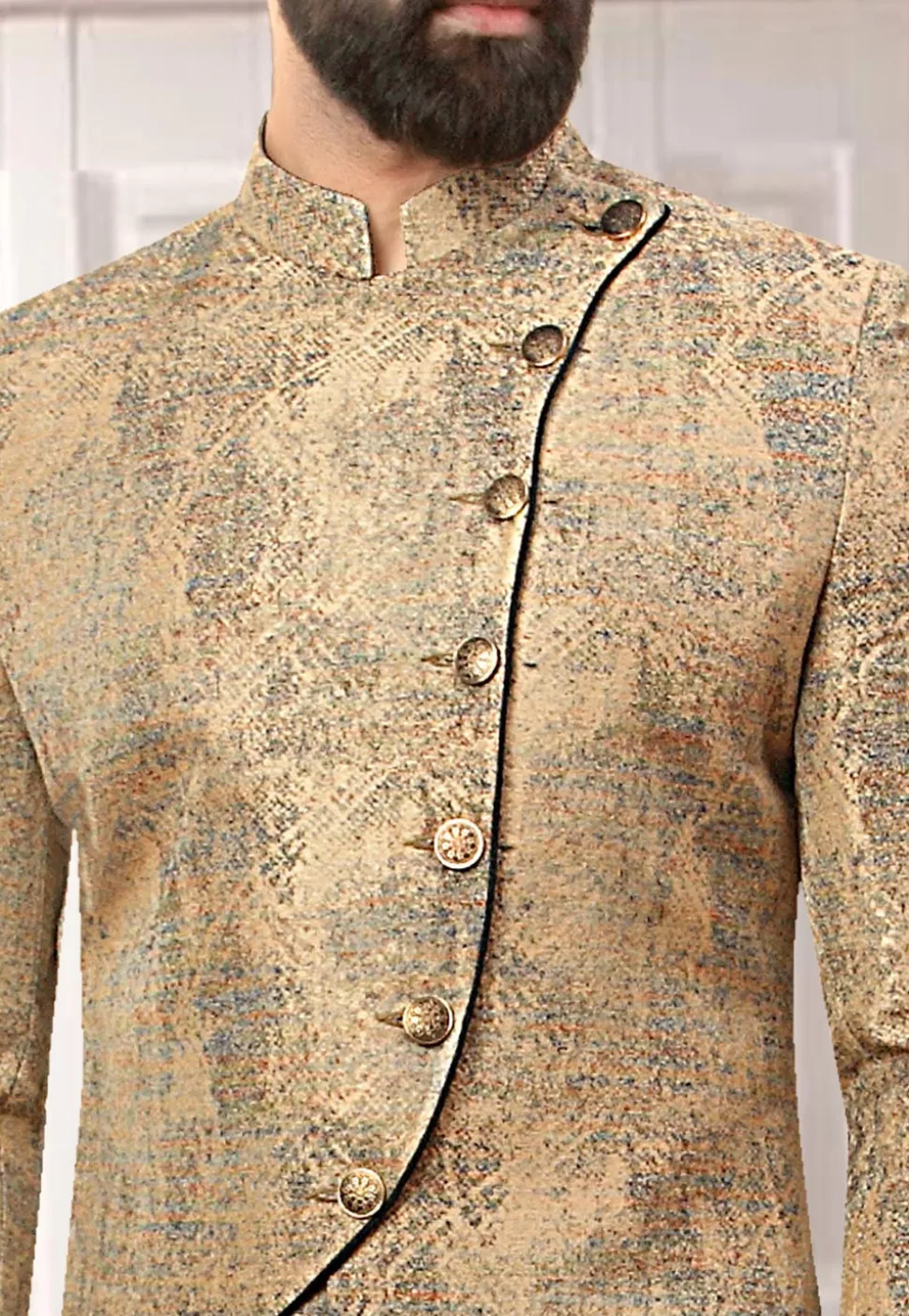 Woven Art Silk Jacquard Asymmetric Sherwani in Beige