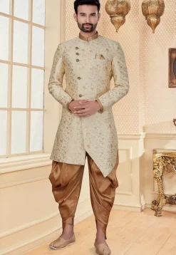 Woven Art Silk Jacquard Asymmetric Sherwani in Light Beige