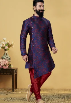 Woven Art Silk Jacquard Asymmetric Sherwani in Navy Blue