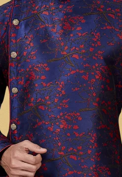 Woven Art Silk Jacquard Asymmetric Sherwani in Navy Blue