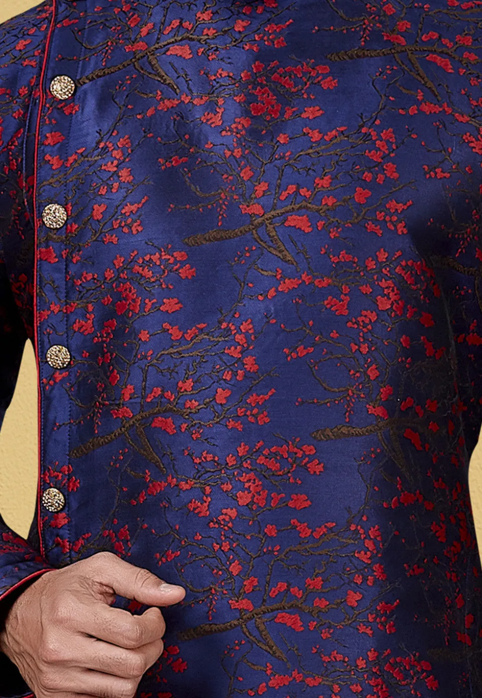 Woven Art Silk Jacquard Asymmetric Sherwani in Navy Blue