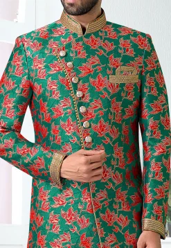 Woven Art Silk Jacquard Asymmetric Sherwani in Teal Green