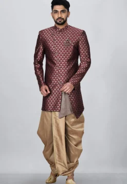 Woven Art Silk Jacquard Asymmteric Dhoti Sherwani in Maroon