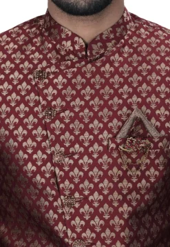 Woven Art Silk Jacquard Asymmteric Dhoti Sherwani in Maroon