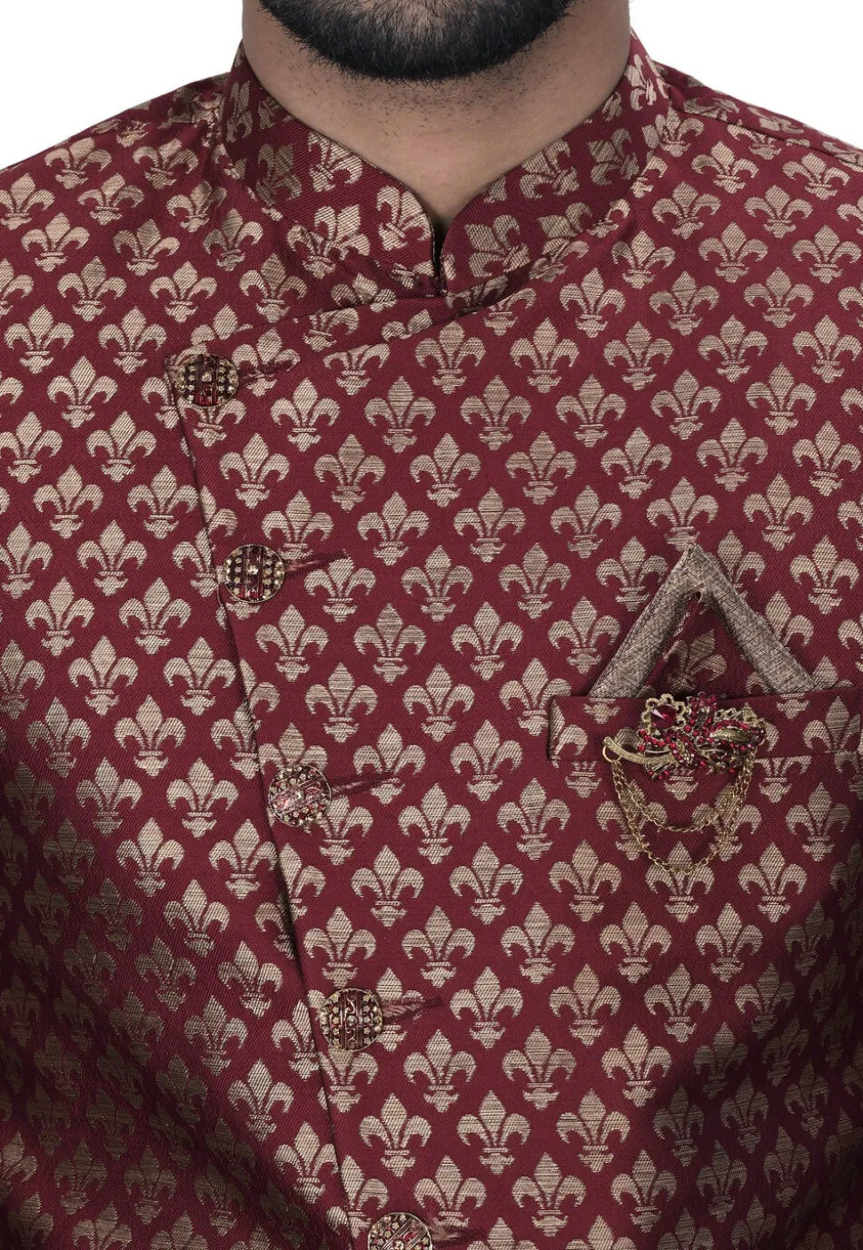 Woven Art Silk Jacquard Asymmteric Dhoti Sherwani in Maroon