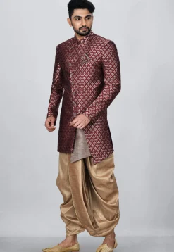 Woven Art Silk Jacquard Asymmteric Dhoti Sherwani in Maroon
