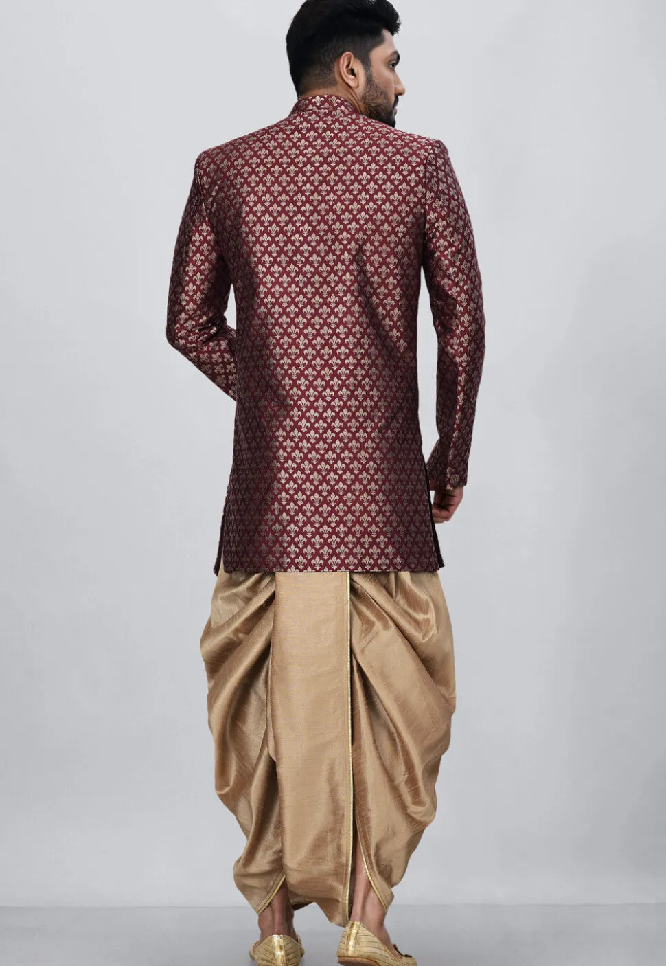 Woven Art Silk Jacquard Asymmteric Dhoti Sherwani in Maroon